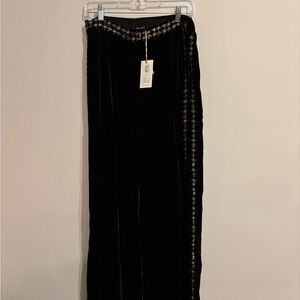 Black Velvet Wide Leg Pants with Gold Star Embroidery